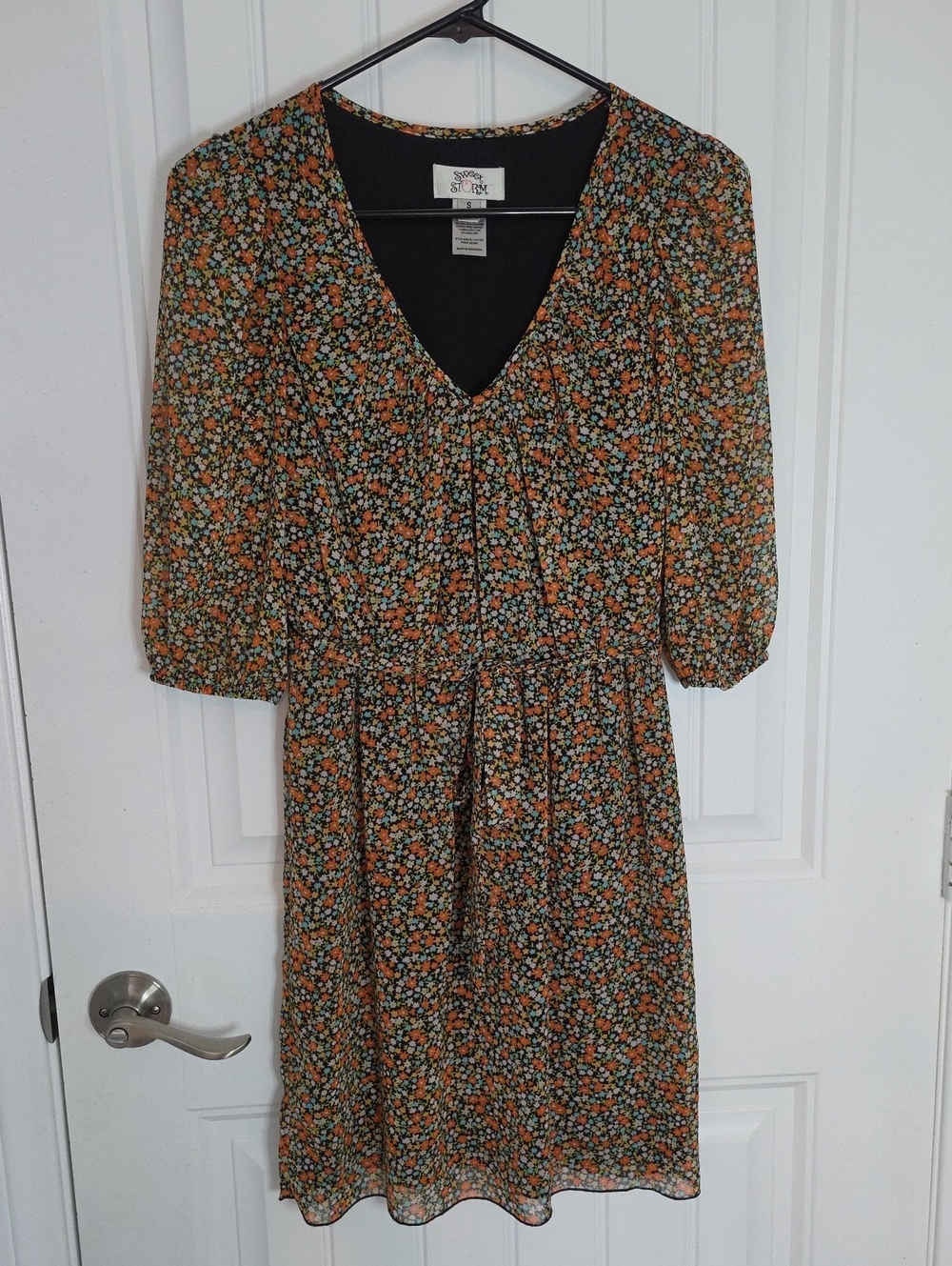 Sweet Storm Black Midi Dress with Orange & Green Floral Print